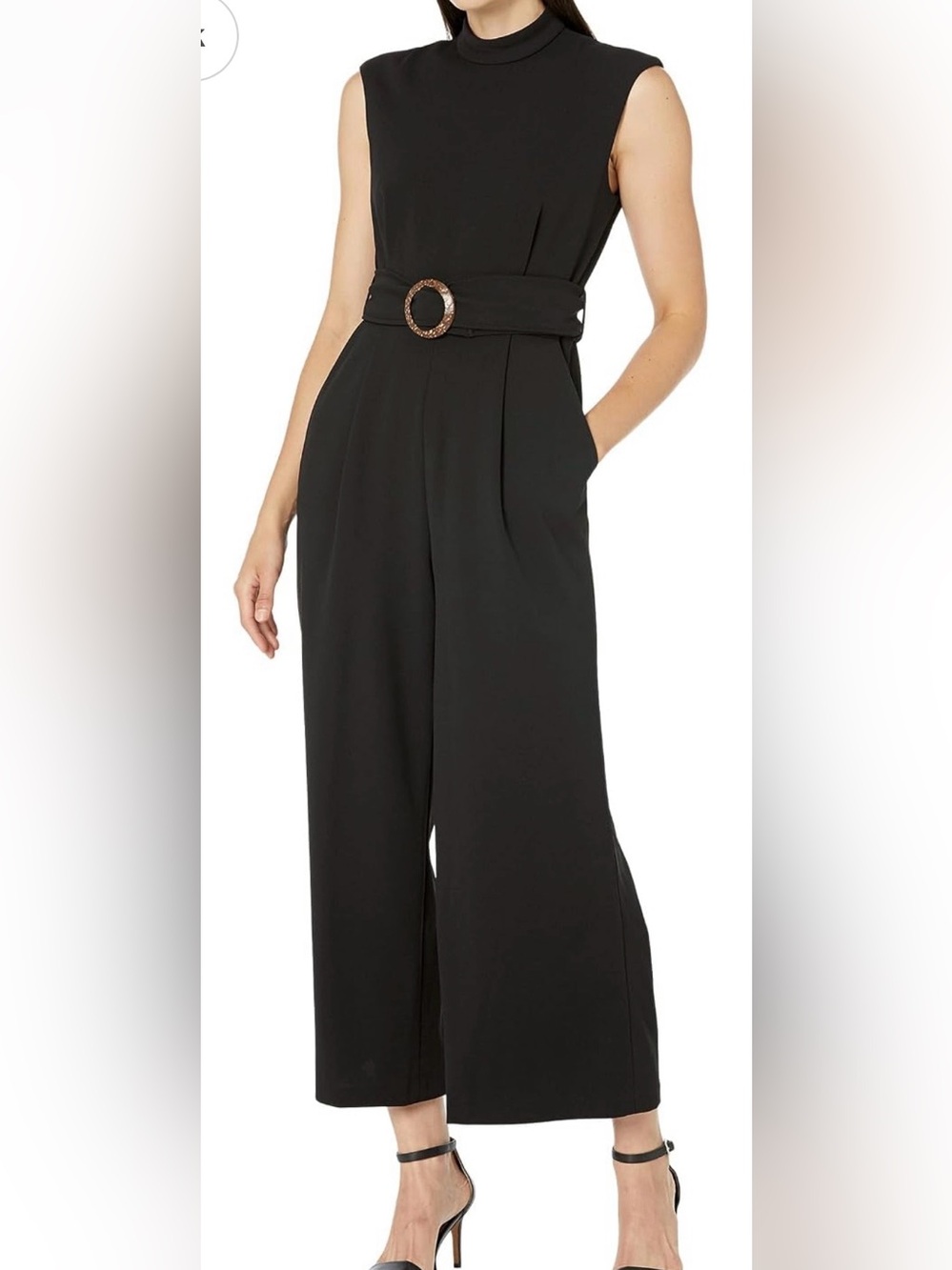 Calvin Klein Black Sleeveless Jumpsuit with Tortoise Ring Belt